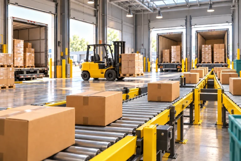 Forklift and conveyors moving boxes between open truck loading bays in a cross-docking warehouse
